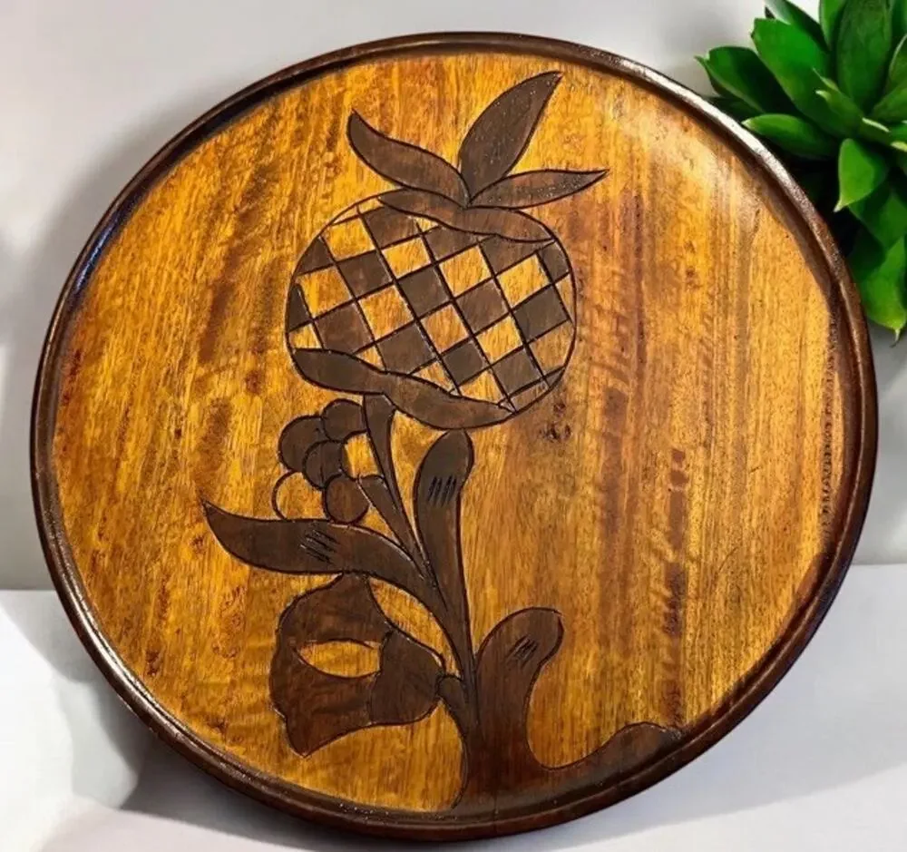 VINTAGE Folk Art HANDCRAFTED Wood Tray CARVED Plate Pineapple Hand 14” 3010-28